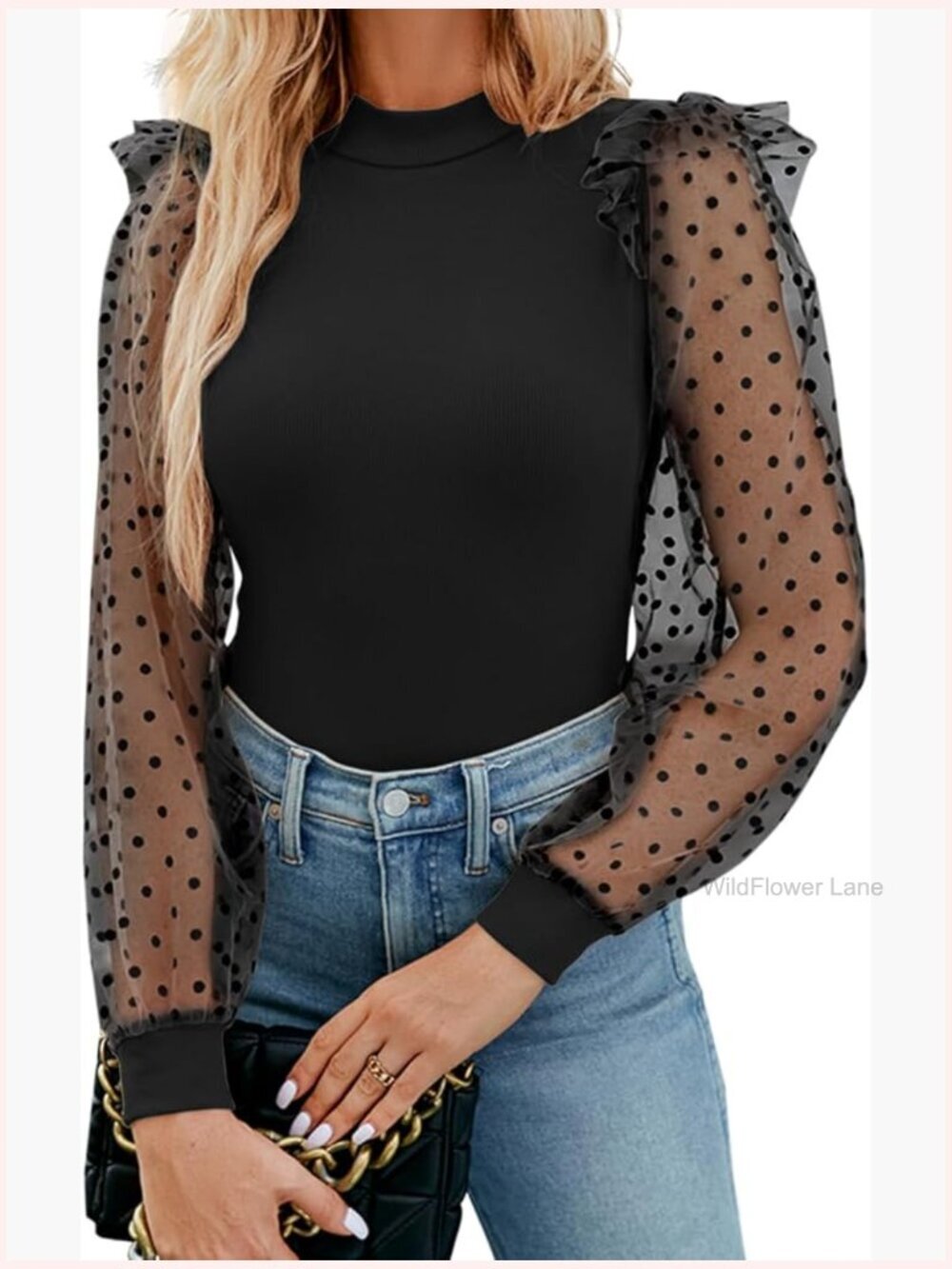 Mock Turtle Neck Polka Dot Sheer Mesh Long Sleeve Bodysuit Top